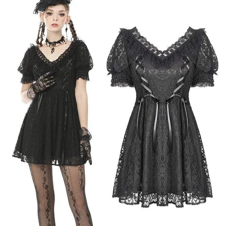 Women's Clothing With Trendy Designs Women's Goth V-neck Floral Lace Black Little Dresses Women's Clothing With Trendy Designs Women's Goth V-neck Floral Lace Black Little Dresses