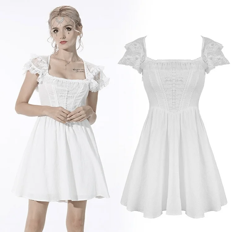Women's Trendy Clothes Women's Gothic Layered Collar Strappy White Dress