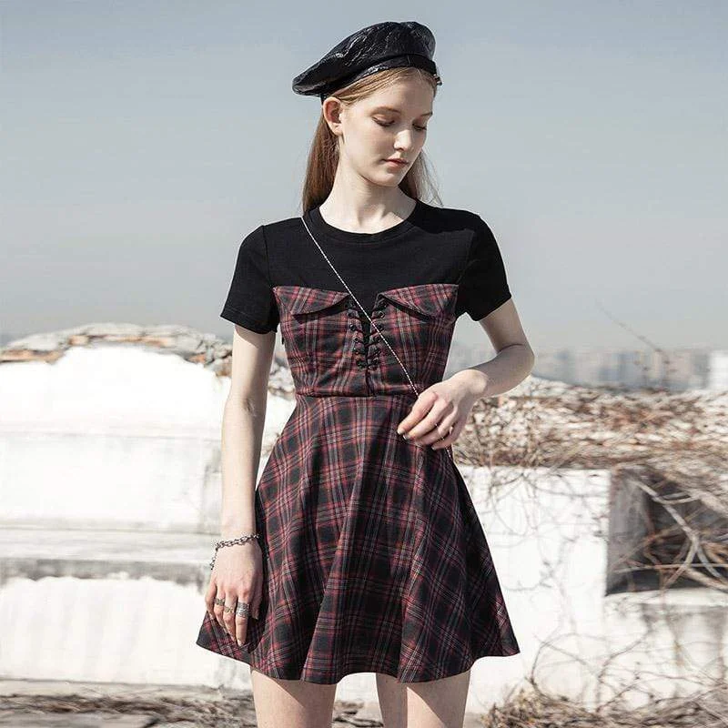 Women's Seasonal Clothing Women's Lacing High-waisted Plaid Dresses