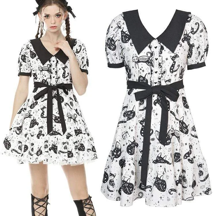 Women's Trendy Casual Clothes Women's Lolita Cat Printed Peter Pan Collar Short Dresses with Belt Women's Trendy Casual Clothes Women's Lolita Cat Printed Peter Pan Collar Short Dresses with Belt