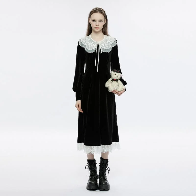 Women's Clothing For Everyday Wear Women's Lolita Lace Hem Velvet Dress with Lace Collar