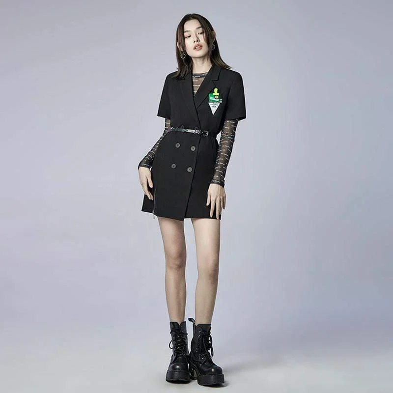 Women's Party Clothes Women's Punk Double-breasted Suit Dress with Metal Chain Belt