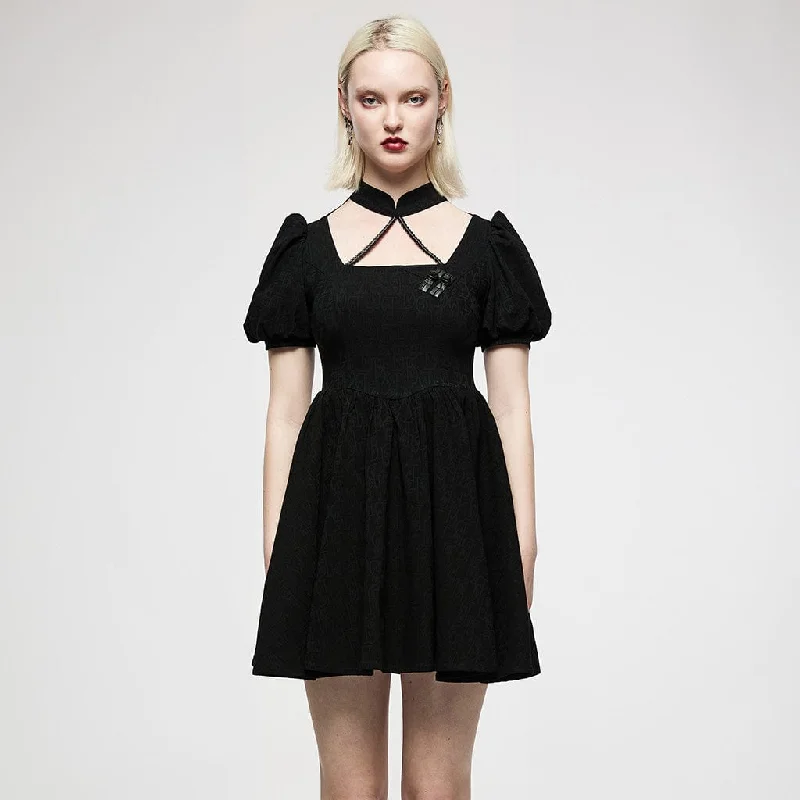 Stylish And Comfortable Clothing For Women Women's Punk Halterneck Puff Sleeved Jacquard Black Little Dress