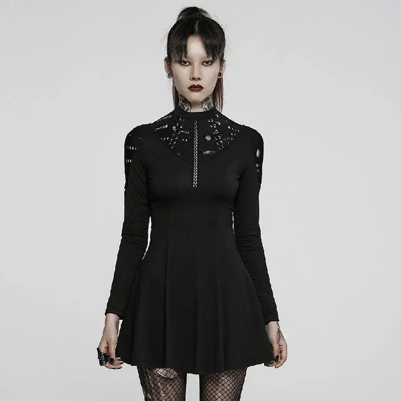 Timeless Women's Clothing Women's Punk High Collar Ripped Long Sleeved Black Little Dress