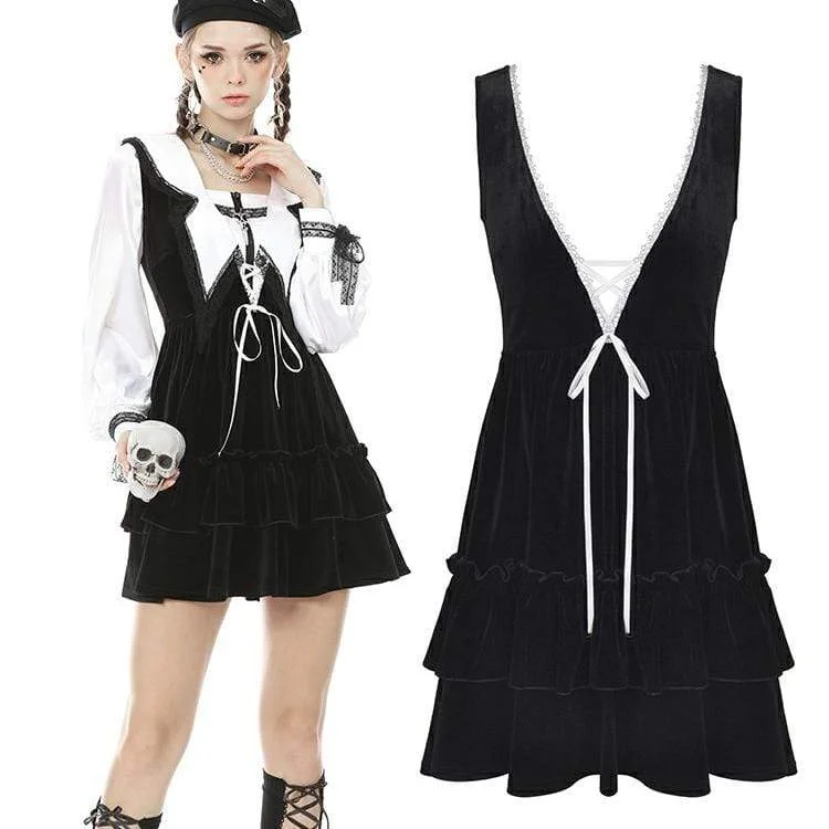 Women's Elegant Clothing Sets Women's Punk Multilayer Velet Black Overall Dresses