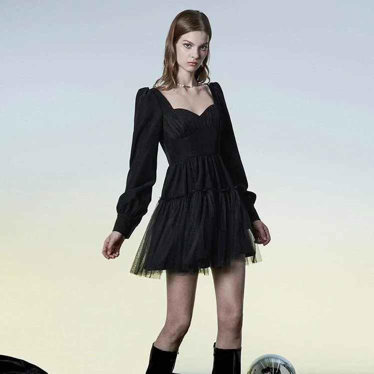 Women's Vacation Clothes Women's Punk Puff Sleeved Layered Black Dress