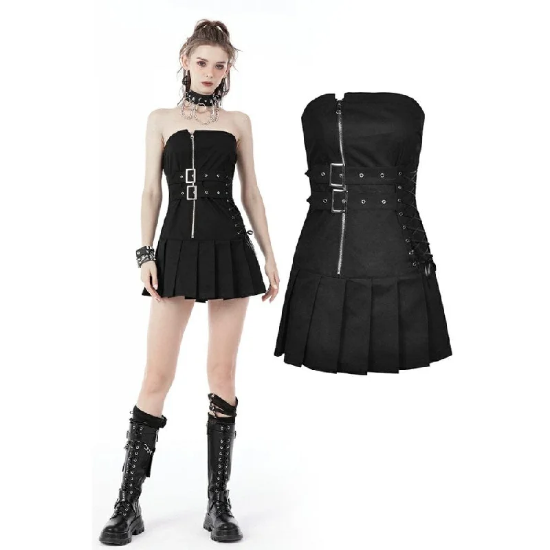 Women's Clothes For Work Events Women's Punk Side Zip Double Straps Pleated Tube Dress Women's Clothes For Work Events Women's Punk Side Zip Double Straps Pleated Tube Dress