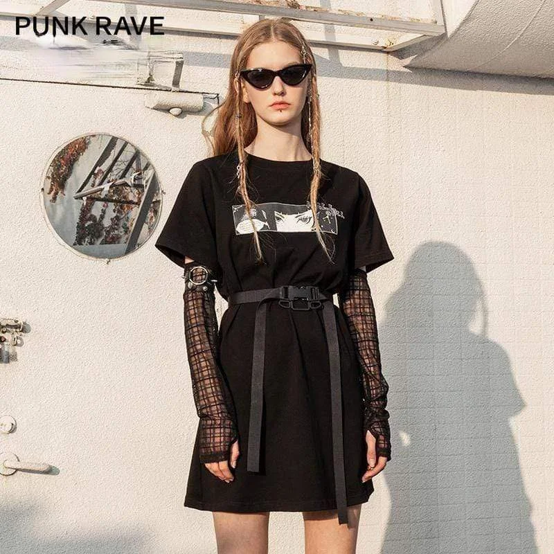 Sustainable Women's Clothes Women's Punk Hell Girl Printed Tee Dresses with Mesh Sleeves Sustainable Women's Clothes Women's Punk Hell Girl Printed Tee Dresses with Mesh Sleeves