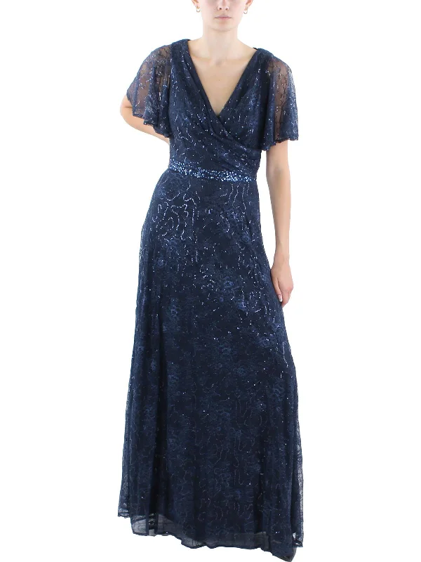 Fashion Forward Womens Sequined Lace Evening Dress