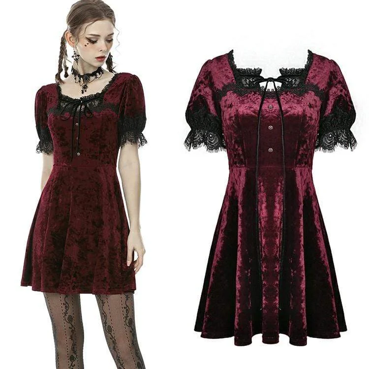 Charming Everyday Clothing For Women Women's Vintage Gothic Rose Red Velet Dresses with Lace Sleeves Charming Everyday Clothing For Women Women's Vintage Gothic Rose Red Velet Dresses with Lace Sleeves