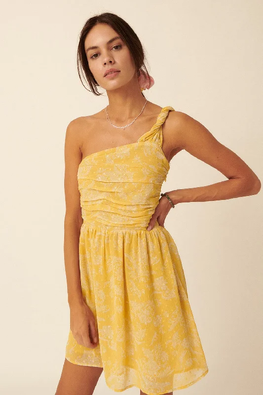 New Season Fashion Preview Yellow Floral Swiss Dot Chiffon One Shoulder Mini Dress