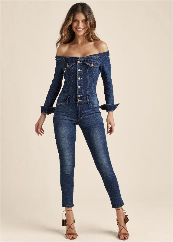 Catch Every Fashion Trend Off-The-Shoulder Denim Jumpsuit - Dark Wash