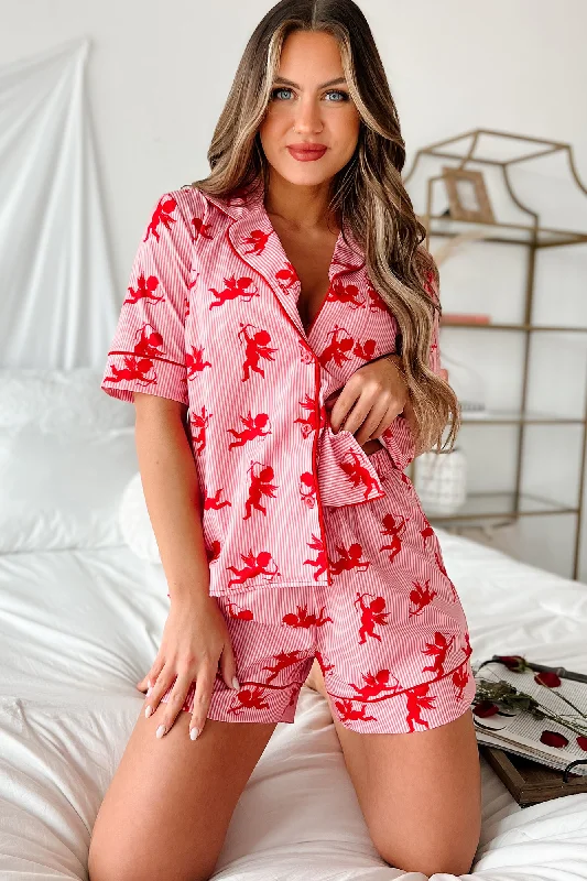 Comfortable Chic Cupid's Arrow Silky Printed Pajama Set (Red)