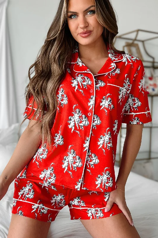 Huge Discounts This Week Dreams Of Love Silky Printed Pajama Set (Red)