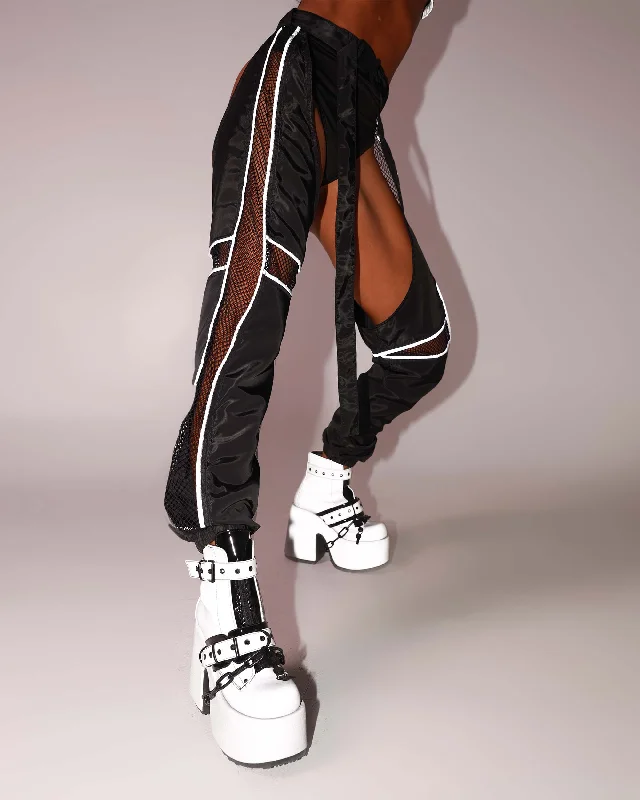 Trendy And Individual Women's Fashion Evolution Chaps with Silver Reflective Stripes & Fishnet Panels