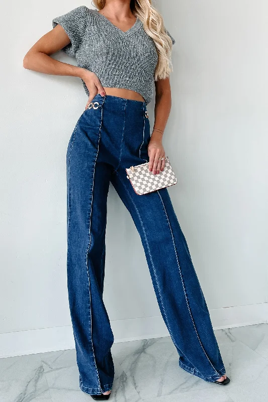 Dive Into Trendy Styles Marietta High Waisted Chain Detail Bootcut Jeans (Dark Wash)