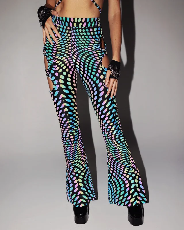 Sophisticated Women's Fashion Pixel Perfect Rainbow Reflective Cutout Bell Bottoms