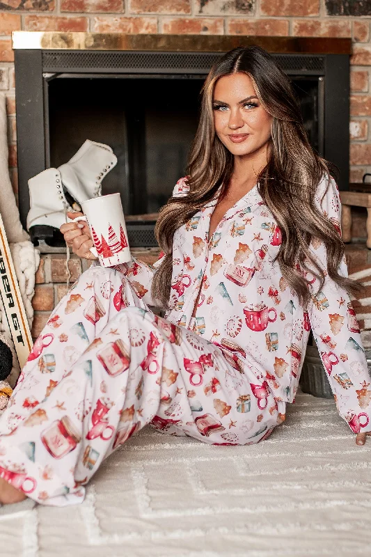 Luxury Fashion Holiday Traditions Silky 3-Piece Printed Pajama Set (NM Mugs Print)